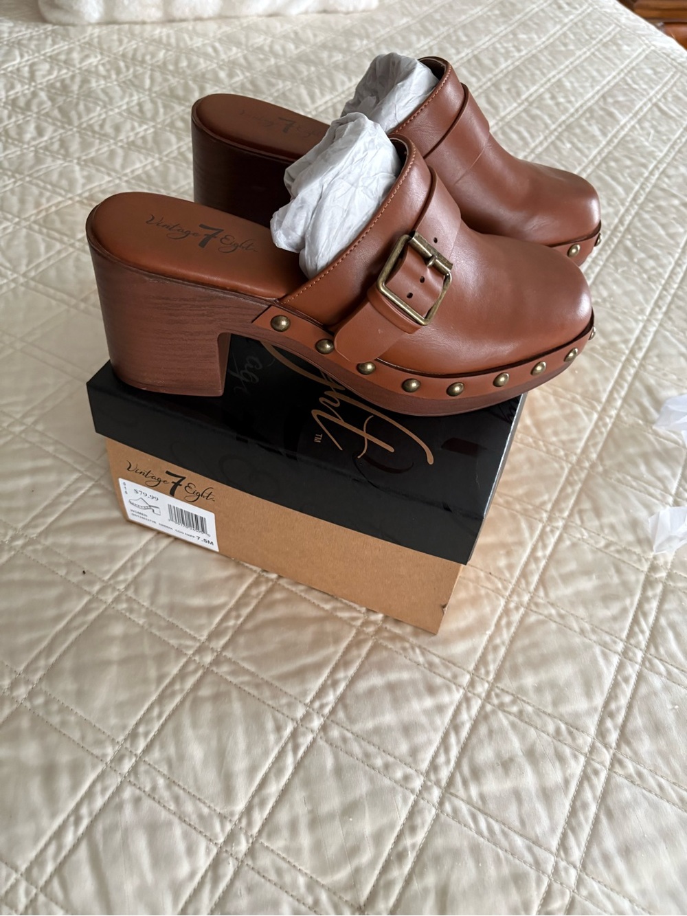 7 For All Mankind Tan Leather Studded Clog Mules